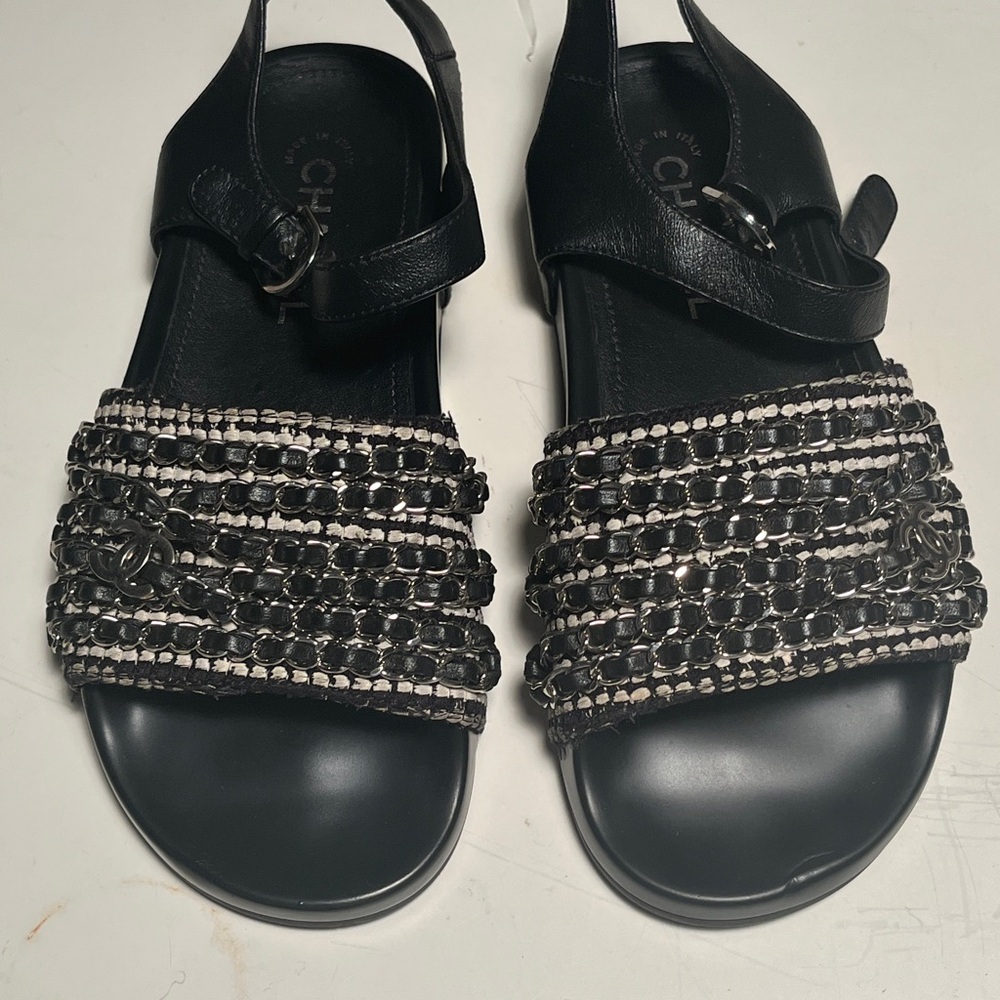 CHANEL Women's Black and White Embellished Sandals